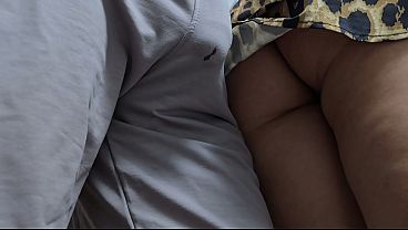 The guy's sweatpants got soaked with precum on subway train. She let him slide his thick cock inside her panties under her skirt & CUM hard
